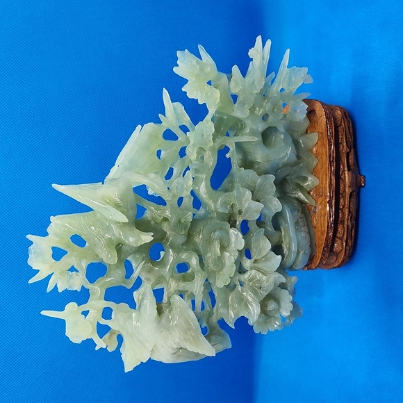 Hand Carved Other - Large Carved Jade Stone Statue of birds